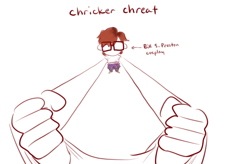 Choccy in a Bill S. Preston (Bill & Ted) cosplay, saying "chricker chreat" (trick or treat).